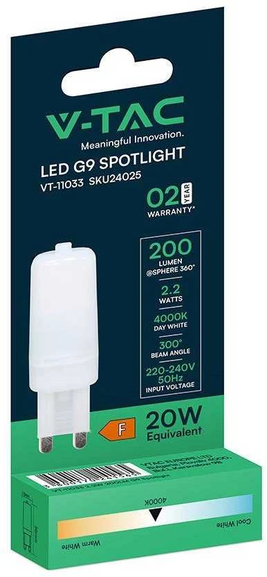 V-tac 2,2W LED lemputė, G9, 4000K, 300°
