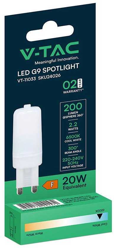 V-tac 2,2W LED lemputė, G9, 6500K, 300°
