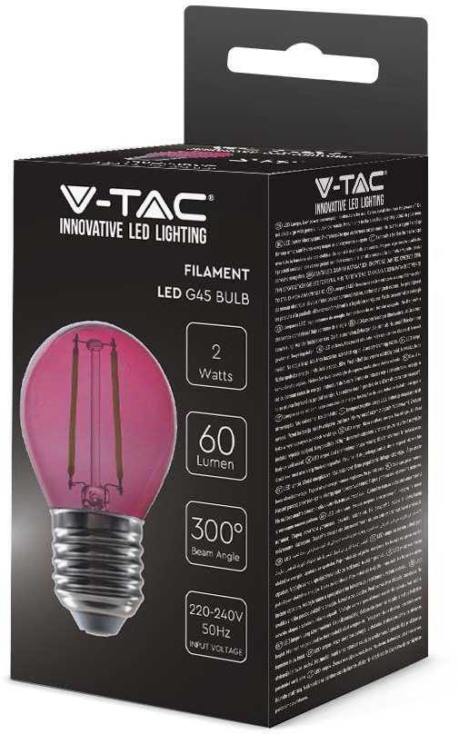 V-tac 2W LED filamentinė lemputė, E27, G45, rožinė šviesos sp.
