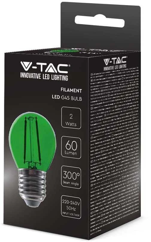 V-tac 2W LED filamentinė lemputė, E27, G45, žalia šviesos sp.