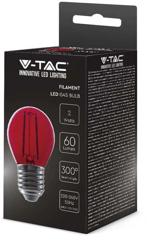 V-tac 2W LED filamentinė lemputė, E27, G45, raudona šviesos sp.