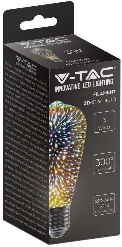V-tac 3W LED 3D lemputė, ST64, E27, 3000K