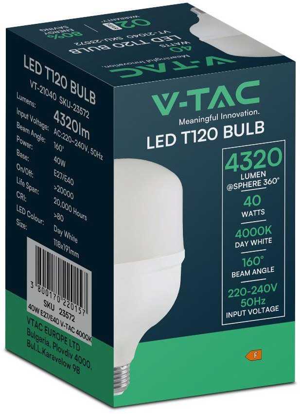 V-tac 40W LED lemputė, balta, T120, E27, 4000K