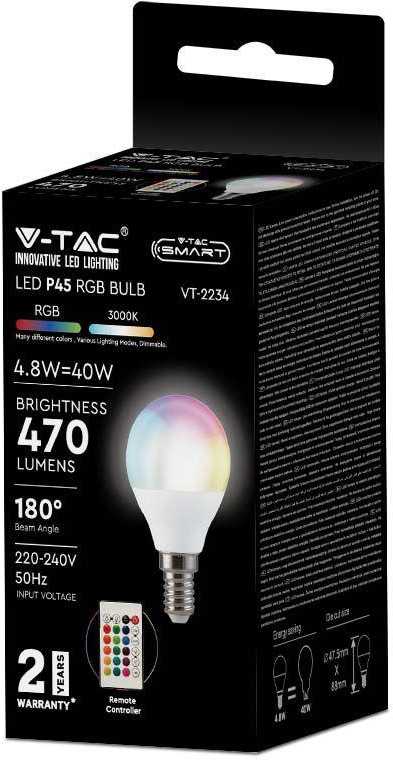 V-tac 4,8W LED lemputė, P45, E14, balta, RGB+3000K, dimeriuojama