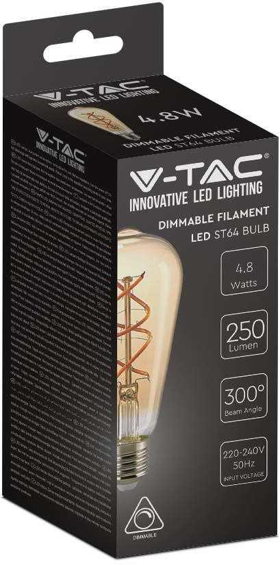 V-tac 4,8W LED filamentinė lemputė, ST64, E27, gintaro sp., 1800K, dimeriuojama