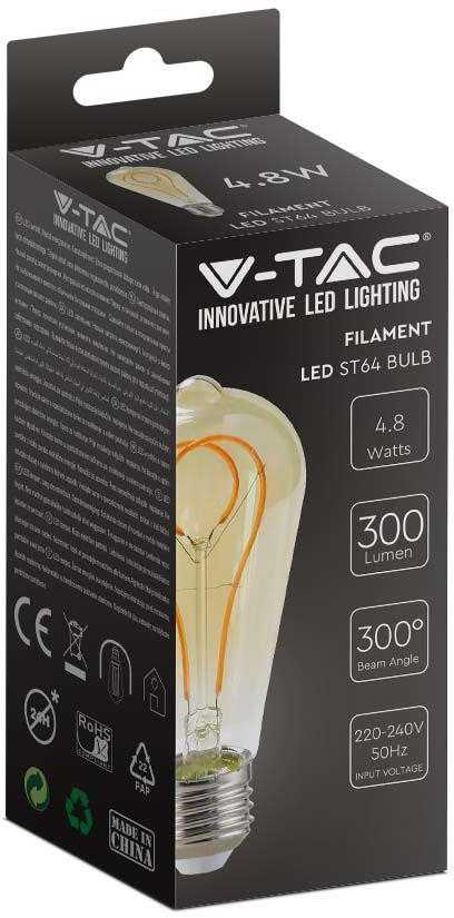 V-tac 4,8W LED filamentinė lemputė, ST64, E27, gintaro sp., 1800K