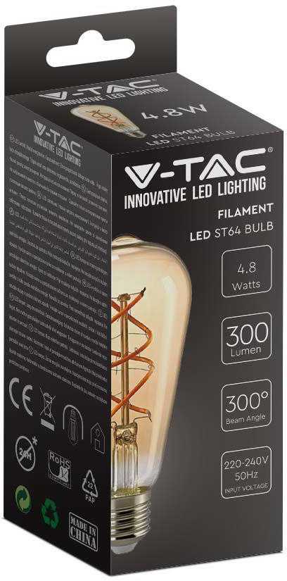 V-tac 4,8W LED filamentinė lemputė, ST64, E27, gintaro sp., 1800K