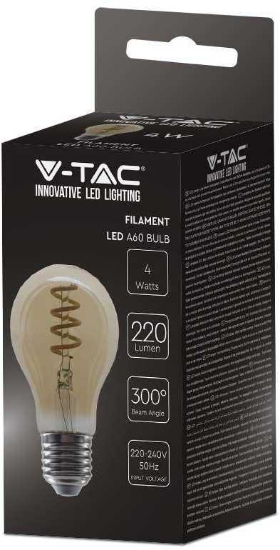 V-tac 4W LED filamentinė lemputė, E27, A60, gintaro sp., 1800K