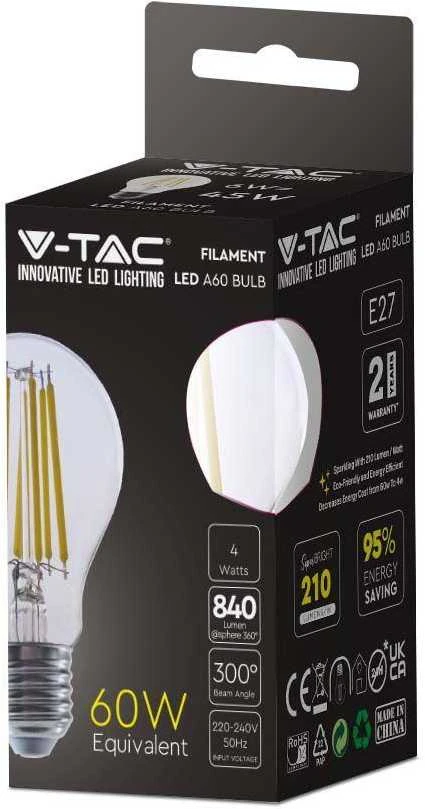 V-tac 4W LED filamentinė lemputė, E27, A60, 3000K