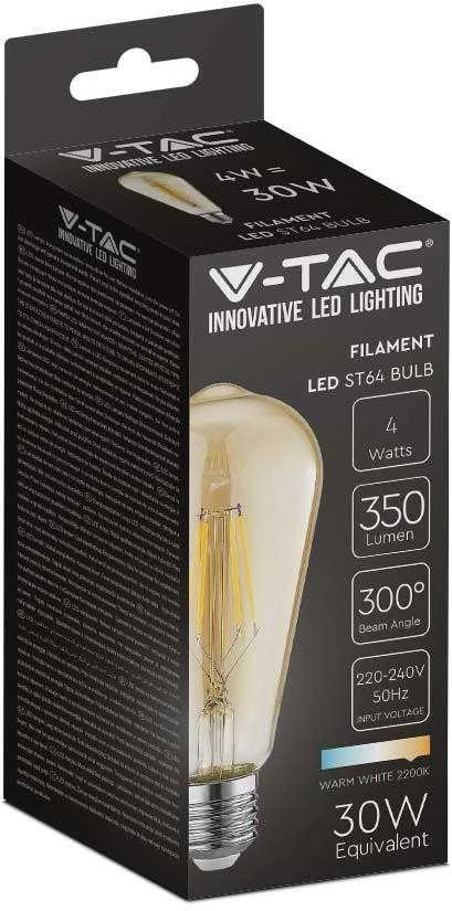 V-tac 4W LED filamentinė lemputė, E27, ST64, gintaro sp., 2200K