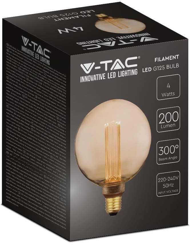 V-tac 4W LED filamentinė lemputė, G125, E27, gintaro sp., 1800K