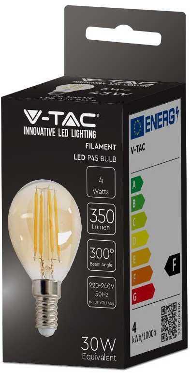 V-tac 4W LED filamentinė lemputė, E14, P45, gintaro sp., 2200K