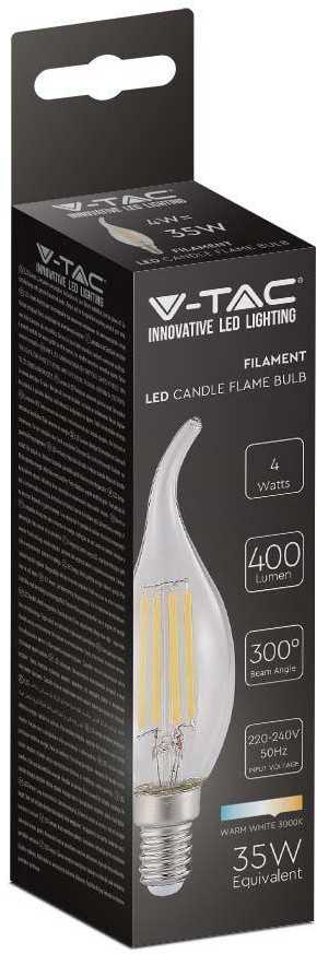 V-tac 4W LED filamentinė lemputė, E14, žvakės formos, 3000K