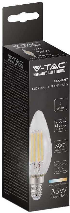 V-tac 4W LED filamentinė lemputė, E14, žvakės formos, 3000K