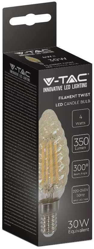 V-tac 4W LED filamentinė lemputė, E14, žvakės formos, gintaro sp., 2200K