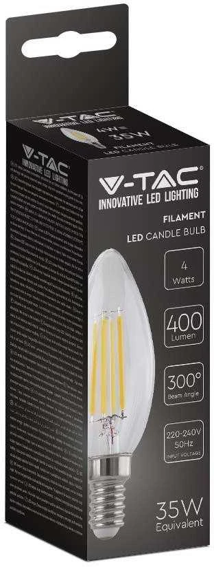 V-tac 4W LED filamentinė lemputė, E14, žvakės formos, 6500K