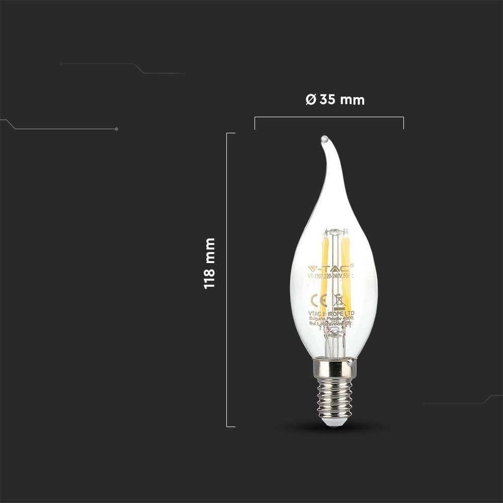 V-tac 4W LED filamentinė lemputė, E14, žvakės formos, 6500K