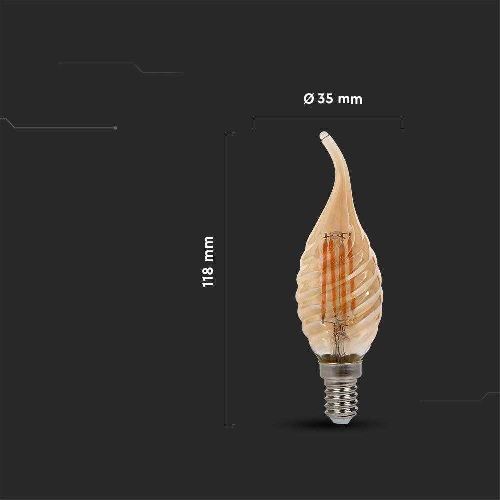 V-tac 4W LED filamentinė lemputė, E14, žvakės formos, gintaro sp., 2200K