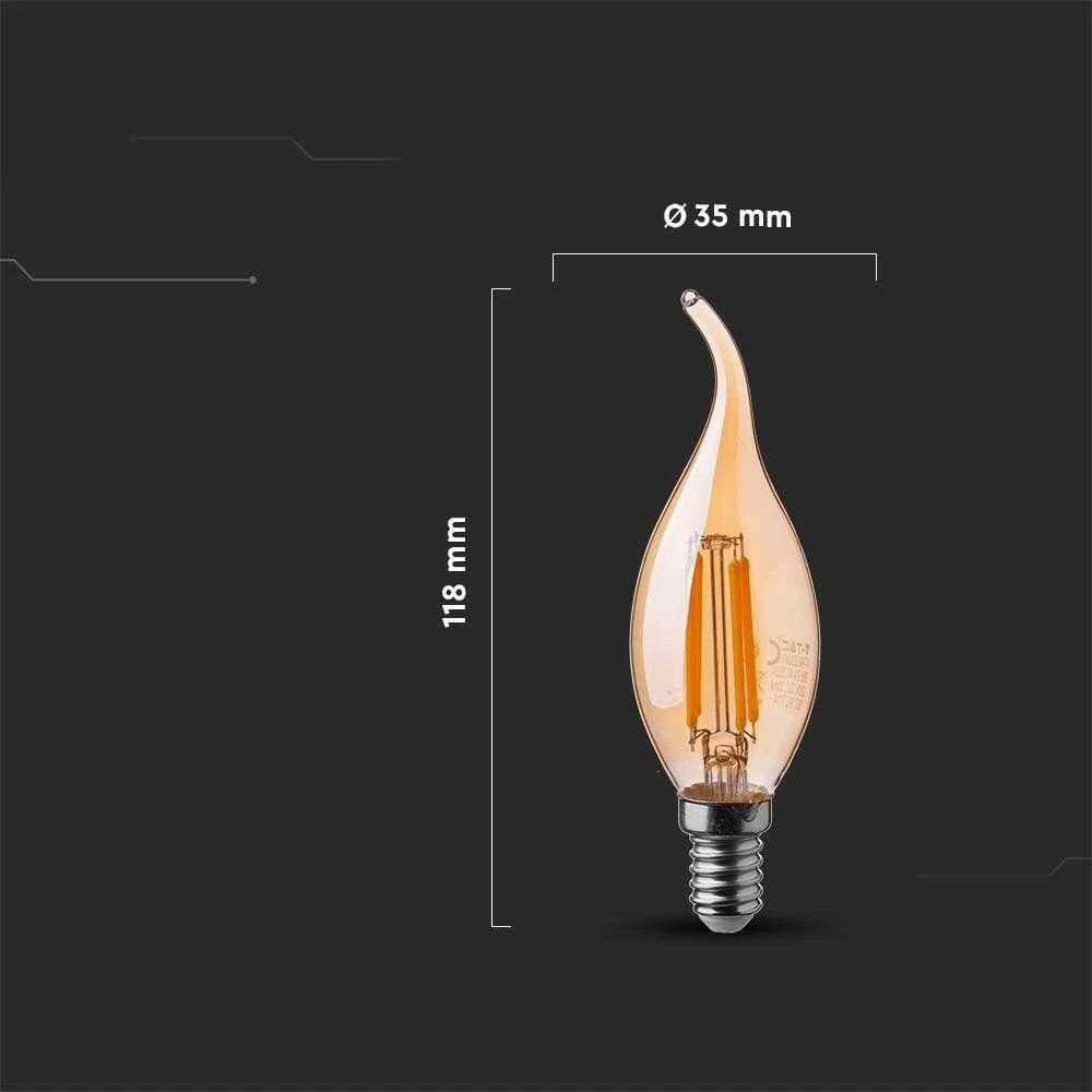 V-tac 4W LED filamentinė lemputė, E14, žvakės formos, gintaro sp., 2200K