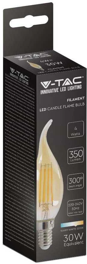 V-tac 4W LED filamentinė lemputė, E14, žvakės formos, gintaro sp., 2200K