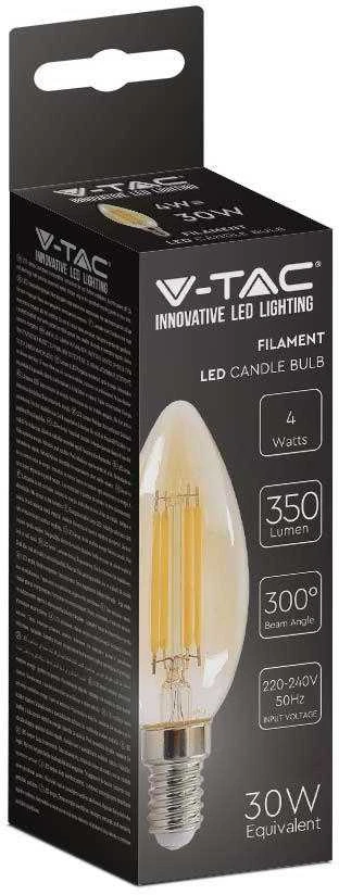 V-tac 4W LED filamentinė lemputė, E14, žvakės formos, gintaro sp., 2200K