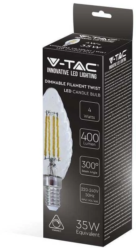 V-tac 4W LED filamentinė lemputė, žvakės formos, E14, skaidriu stiklu, 3000K, dimeriuojama
