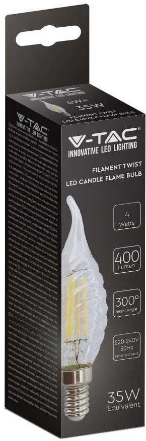 V-tac 4W LED filamentinė lemputė, E14, žvakės formos, 4000K