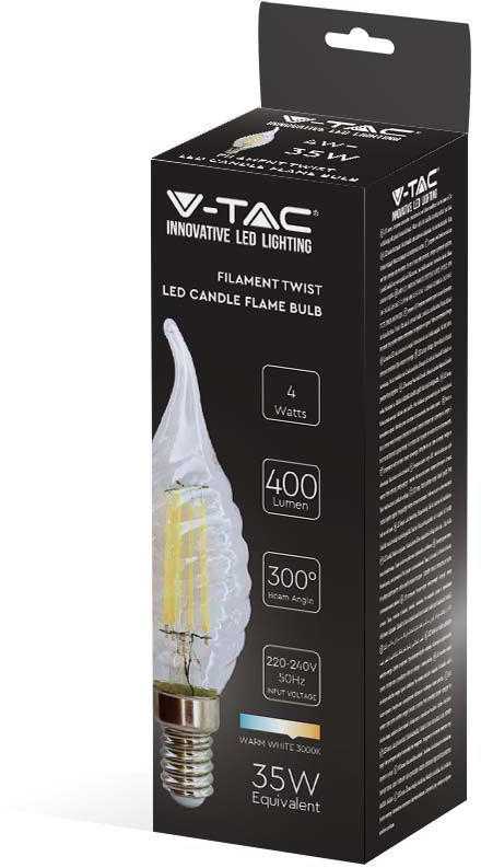 V-tac 4W LED filamentinė lemputė, E14, žvakės formos, 3000K