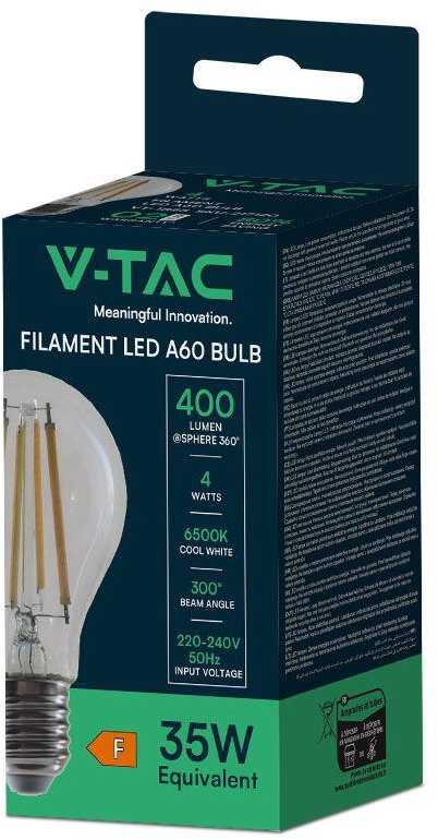 V-tac 4W LED filamentinė lemputė, A60, E27, 6500K