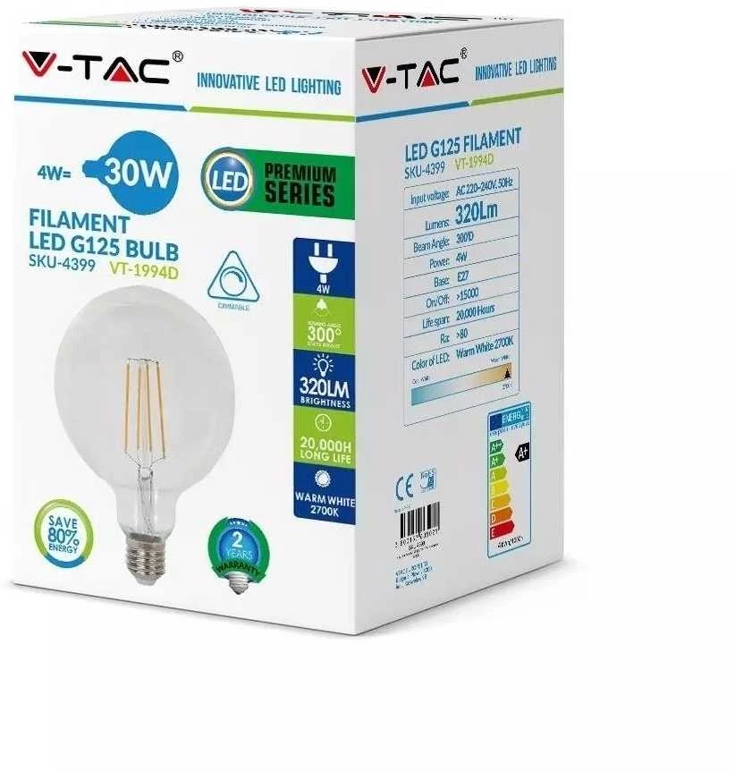 4W LED COG lemputė V-TAC E27, G125, 2700K (šiltai balta), pritemdoma