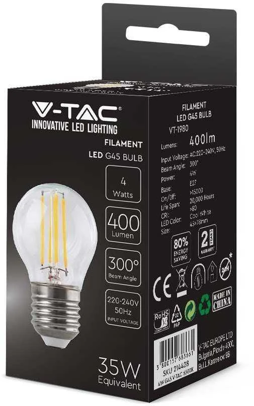 V-tac 4W LED filamentinė lemputė, E27, G45, 6500K