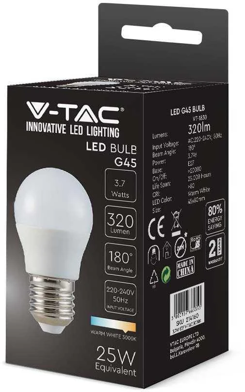 V-tac 4W LED filamentinė lemputė, E27, G45, 3000K