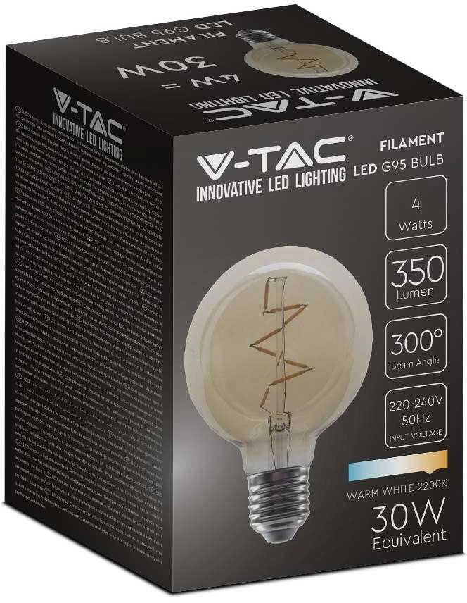 V-tac 4W LED filamentinė lemputė, E27, G95, gintaro sp., 2200K