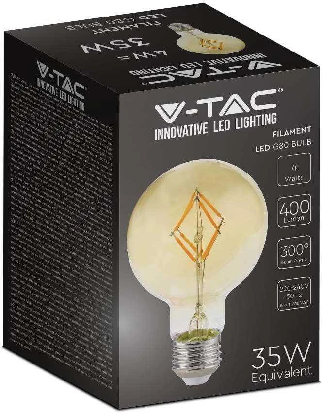 V-tac 4W LED filamentinė lemputė, E27, G80, gintaro sp., 2200K