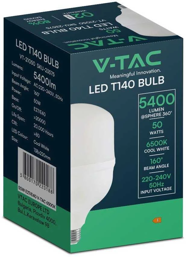 V-tac 50W LED lemputė, balta, T140, E27, 6500K