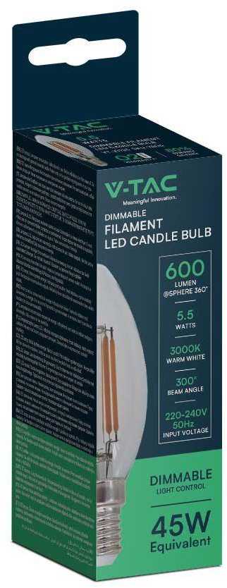 V-tac 5,5W LED lemputė, E14, žvakės formos, 4000K, dimeriuojama