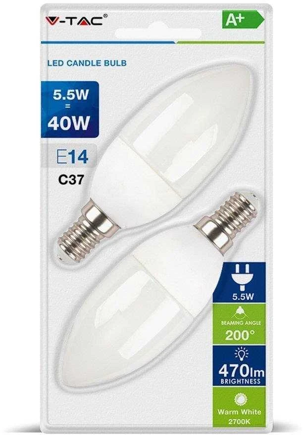 V-tac 5,5W LED lemputė, E14, žvakės formos, 2700K, 2vnt pakuotėje