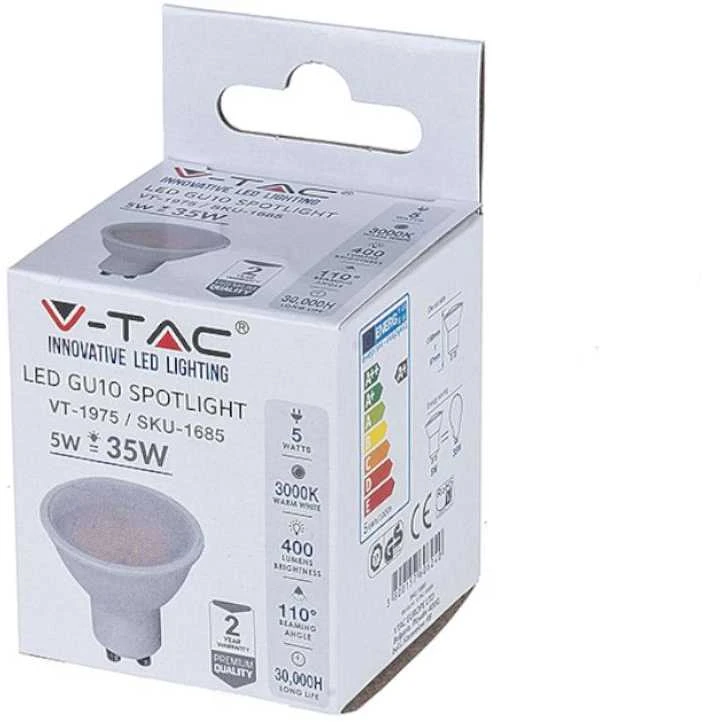 5W LED lemputė V-TAC, GU10, su plastikiniu, matiniu dangteliu, (4000K) dienos šviesa
