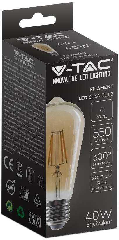 V-tac 6W LED filamentinė lemputė, ST64, E27, gintaro sp. stiklu, 2200K