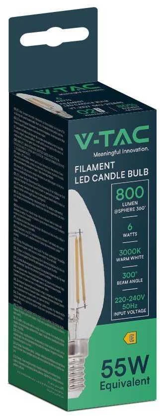 V-tac 6W LED filamentinė lemputė, E14, žvakės formos, skaidri, 3000K