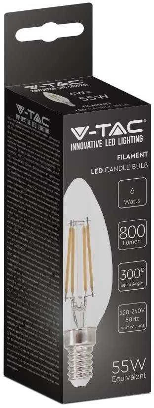V-tac 6W LED filamentinė lemputė, E14, žvakės formos, 6500K