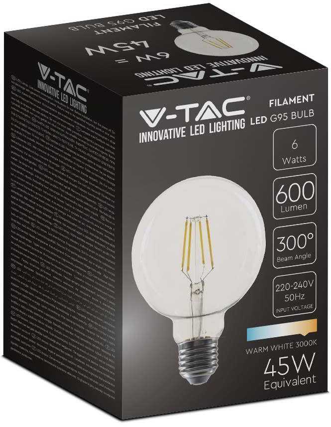 6W LED filamentinė lemputė, E27, G95, 3000K