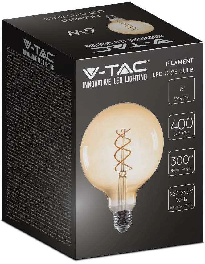 V-tac 6W LED filamentinė lemputė, G125, E27, gintaro sp., 1800K