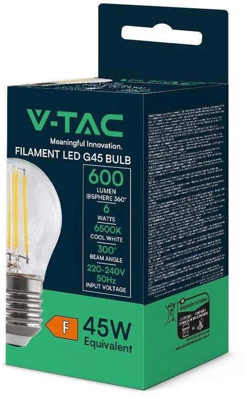 V-tac 6W LED filamentinė lemputė, G45, E27, 6500K