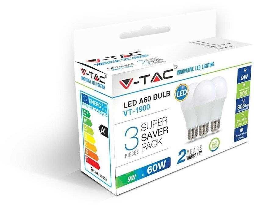 V-tac 8,5W LED lemputė, A60, E27, 3000K, 3vnt. pakuotėje
