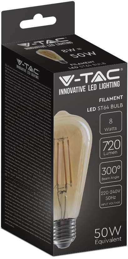 V-tac 8W LED filamentinė lemputė, E27, ST64, gintaro sp., 2200K
