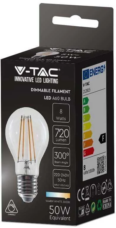 V-tac 8W LED filamentinė lemputė, E27, A60, 3000K, dimeriuojama