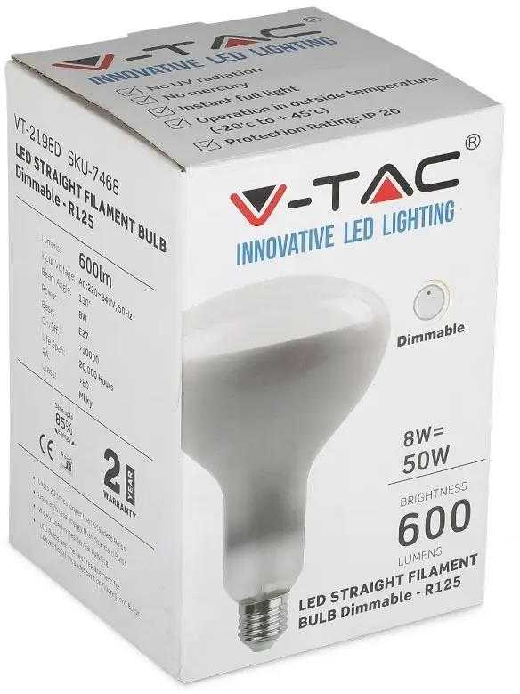 8W LED filamentinė, lemputė V-TAC E27, R125, pritemdoma, 6500K (šaltai balta)