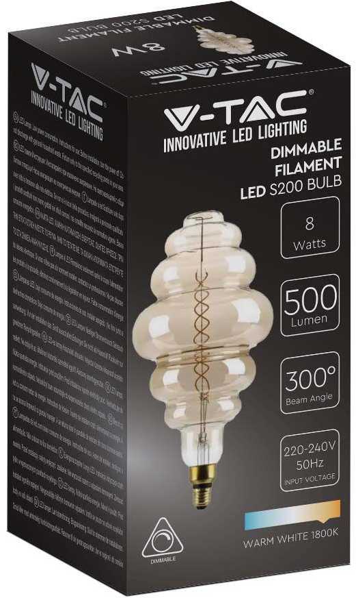 V-tac 8W LED filamentinė lemputė, S200, E27, dūmų sp., 1800K, dimeriuojama