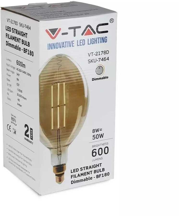 8W LED filamentinė, lemputė V-TAC E27, BF180, pritemdoma, 2000K (šiltai balta)